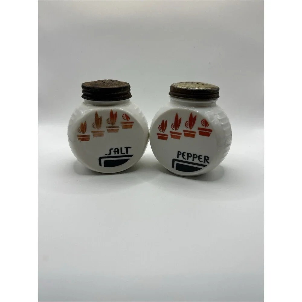 Vtg Fire-King Vitrock Milk Glass Red Flower Pot Salt Pepper Shakers Set/2